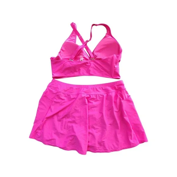 EUC Yonique Hot Pink Skirted Bikini Set - High- Waisted Tummy Control 20W Swim - Picture 4 of 11